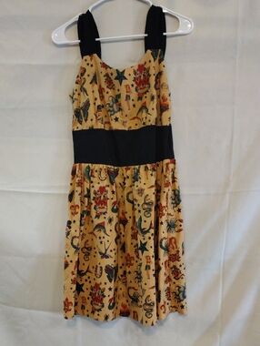 Yellow Printed Casual Sundress with Black Waistband